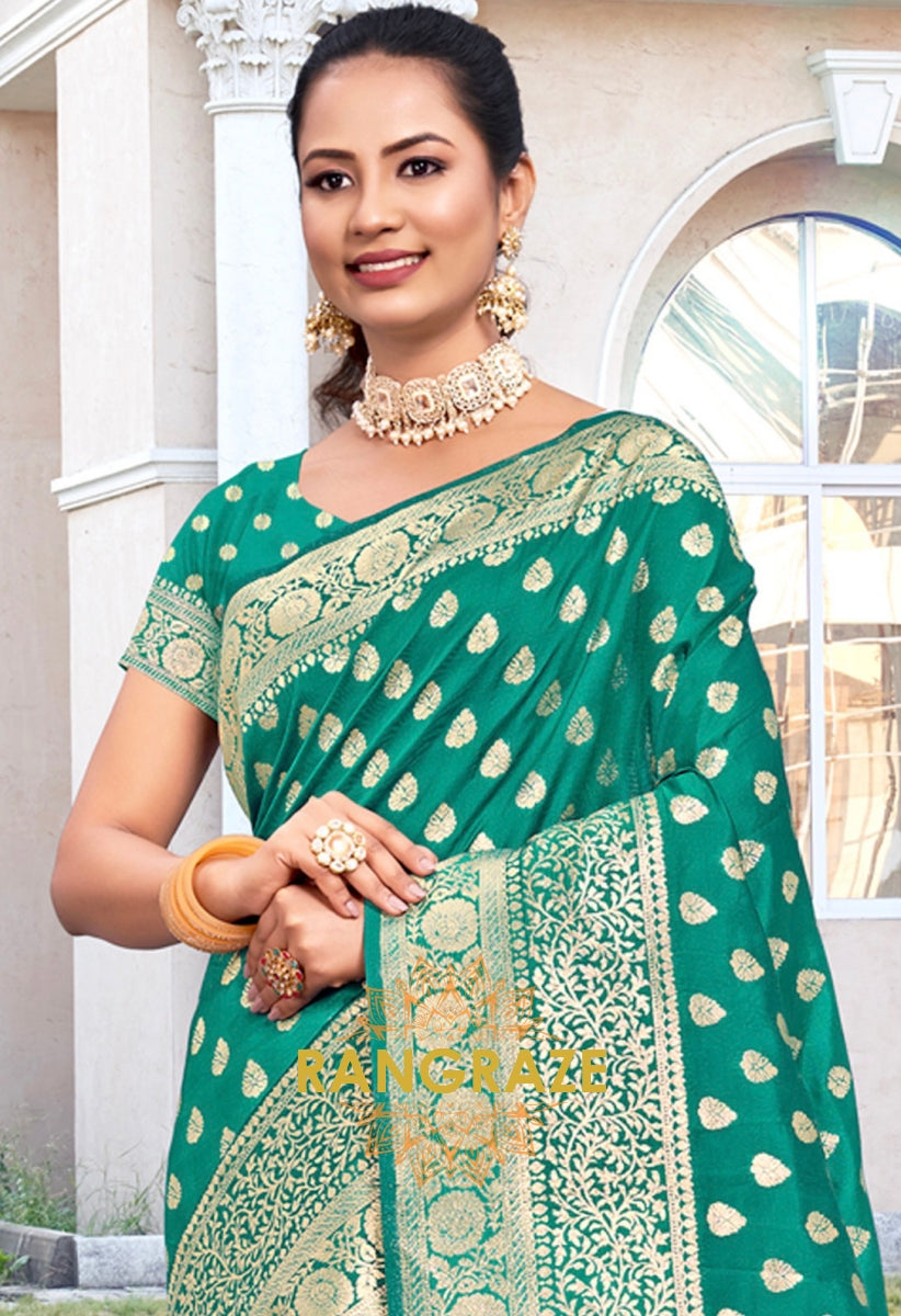 Divine Turquoise Banarasi Silk Saree With Matching Blouse