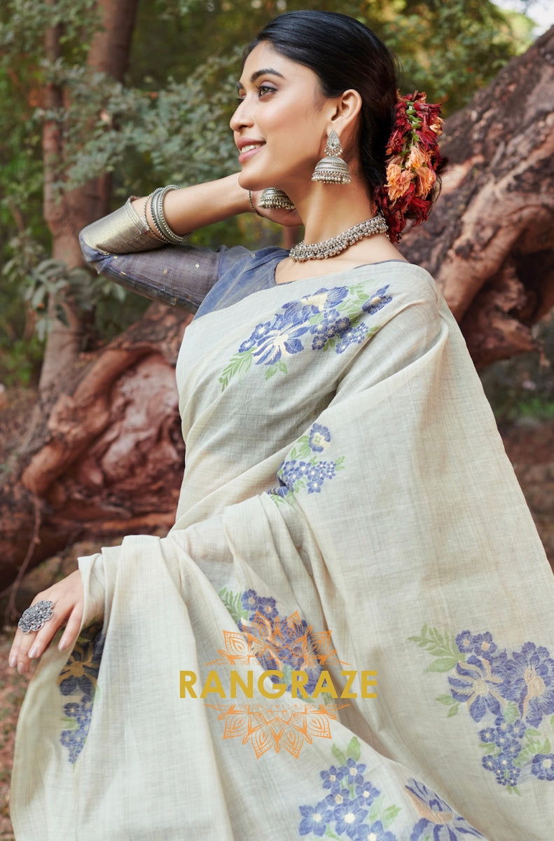 Blue Beige Linen Saree With Contrast Blouse