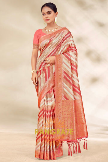 Peach Pink Cotton Thread Work Saree With Matching Blouse