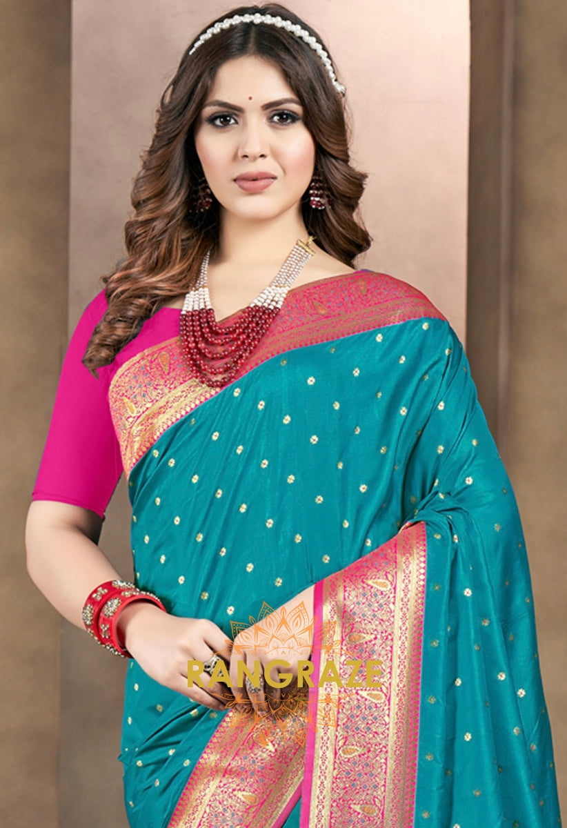 Majestic Blue Banarasi Woven Silk Saree With Contrast Blouse