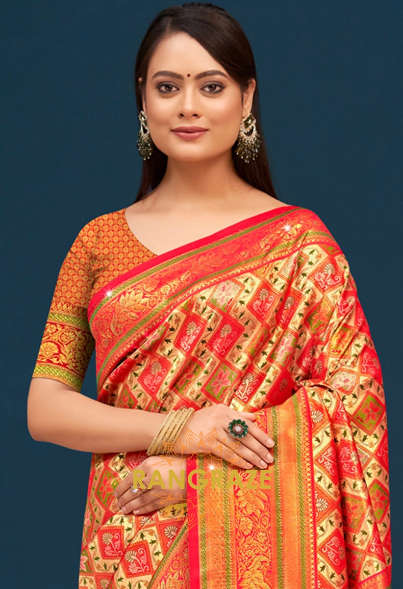 Regal Orange Yellow Heavy Work Festive Banarasi Silk Saree