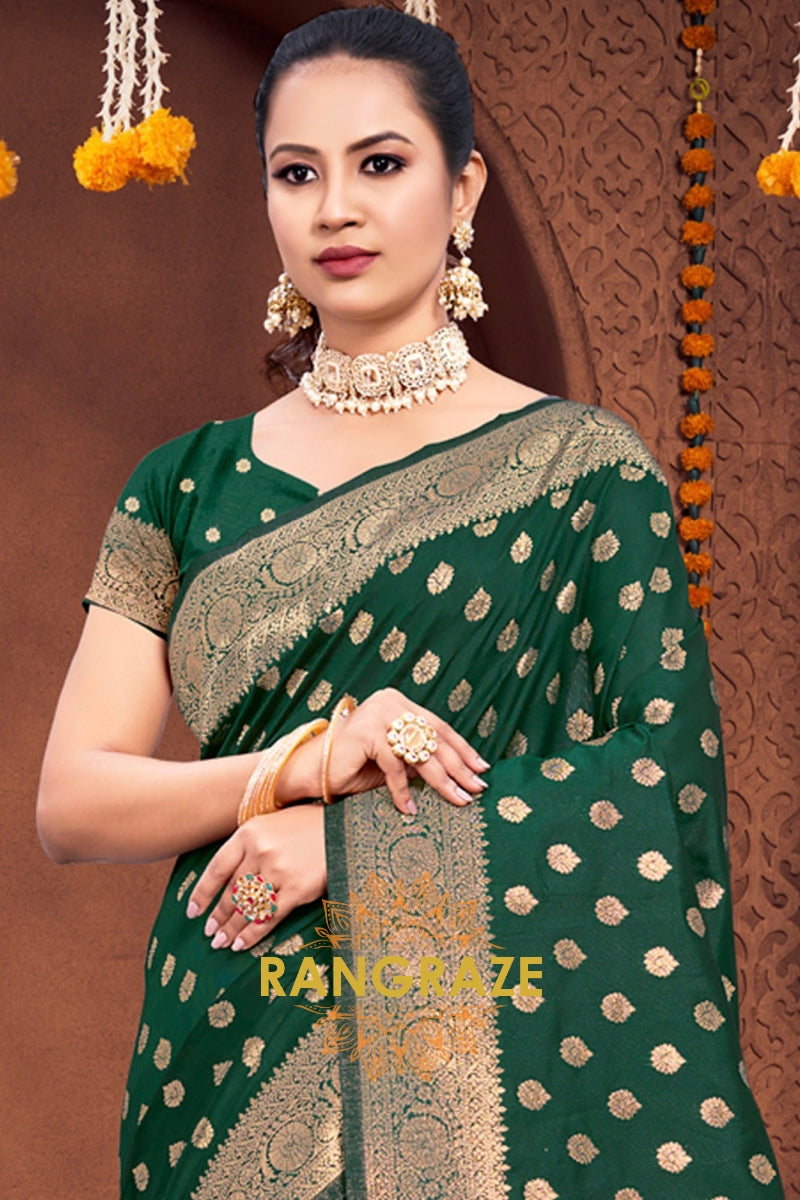 Eternal Green Banarasi Silk Saree With Matching Blouse