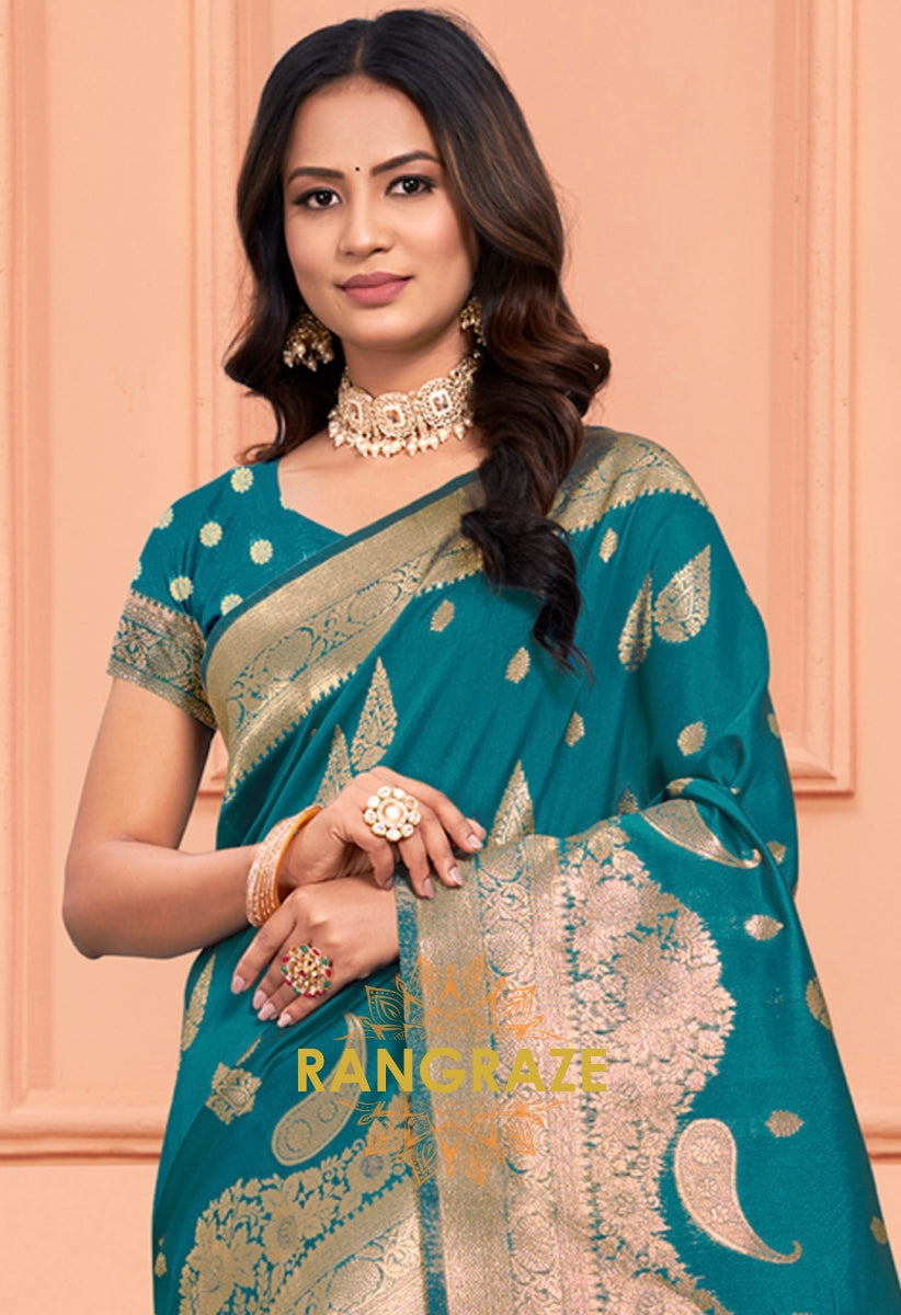 Turquoise Blue Banarasi Silk Saree With Matching Blouse