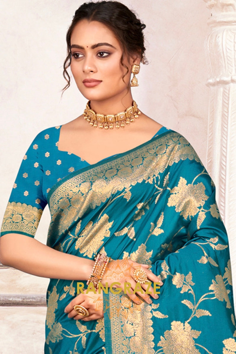 Turquoise Blue Banarasi Silk Saree With Golden Zari Work