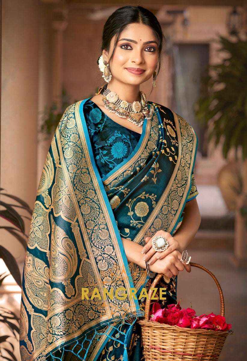 Turquoise Blue Woven Golden Work Banarasi Silk Saree With Blouse Piece