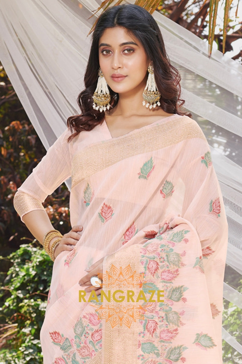 Pink Floral Work Pure Linen Saree