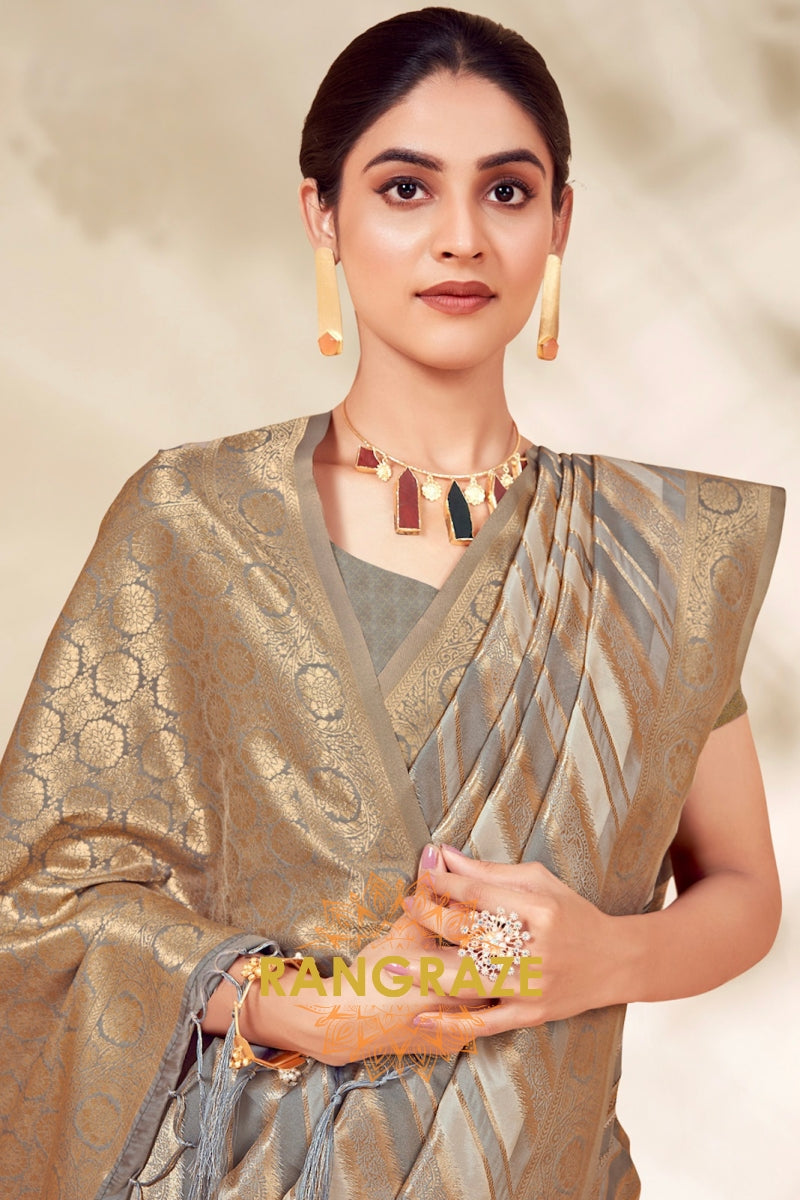 Golden Grey Cotton Thread Work Saree With Matching Blouse