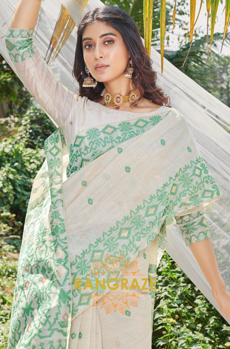 Green White Intricate Work Pure Linen Saree