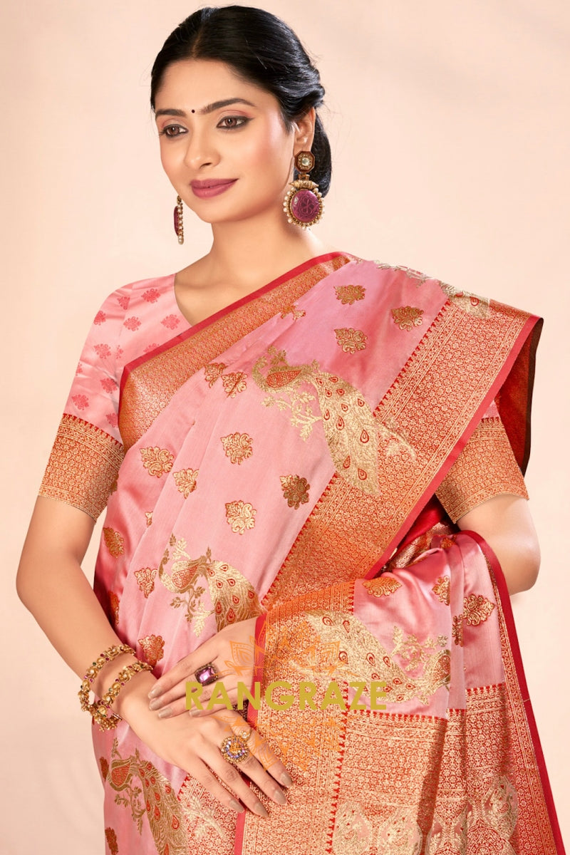 Peach Pink Golden Zari Work Pure Satin Silk Saree