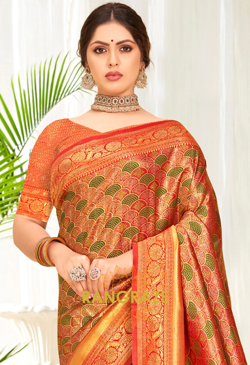 Imperial Forest Orange Heavy Woven Work Banarasi Silk Saree