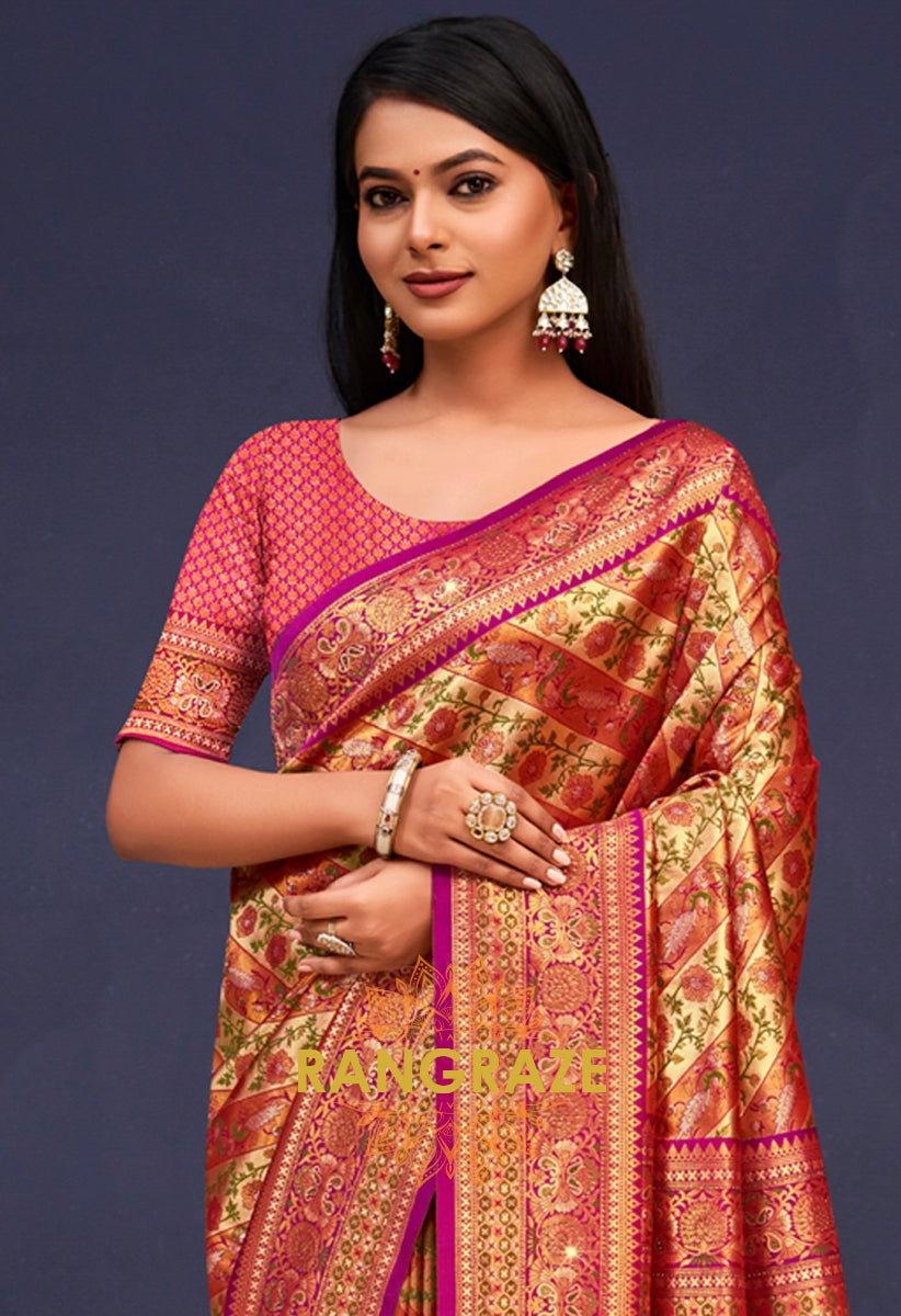 Purple Red Banarasi Silk Saree With Heavy Work