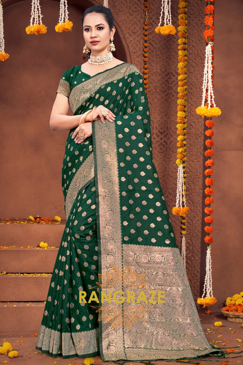 Eternal Green Banarasi Silk Saree With Matching Blouse