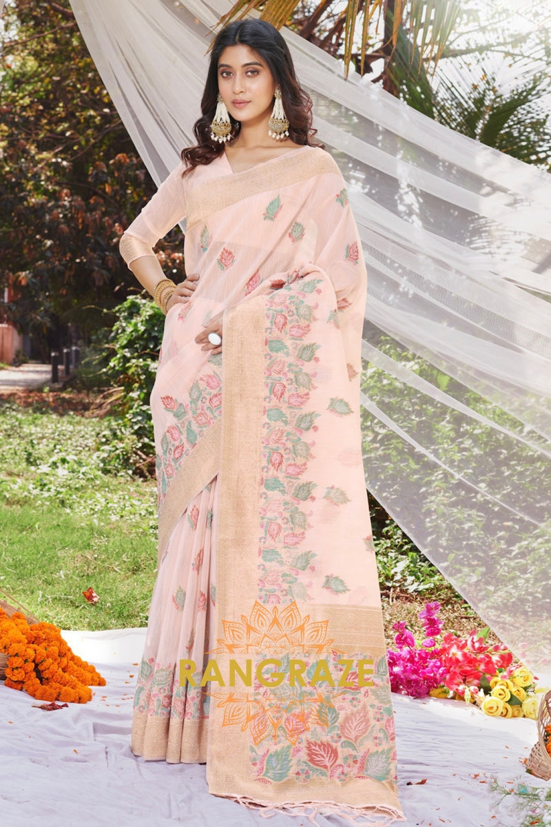 Pink Floral Work Pure Linen Saree