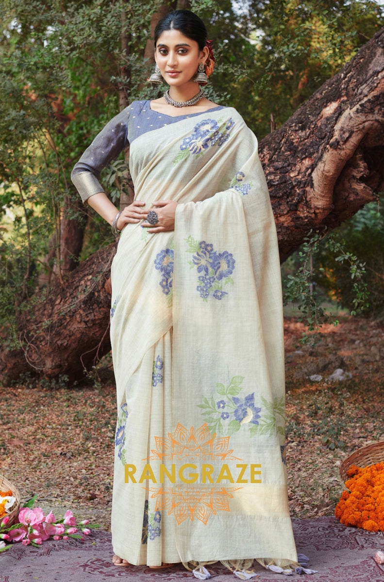 Blue Beige Linen Saree With Contrast Blouse