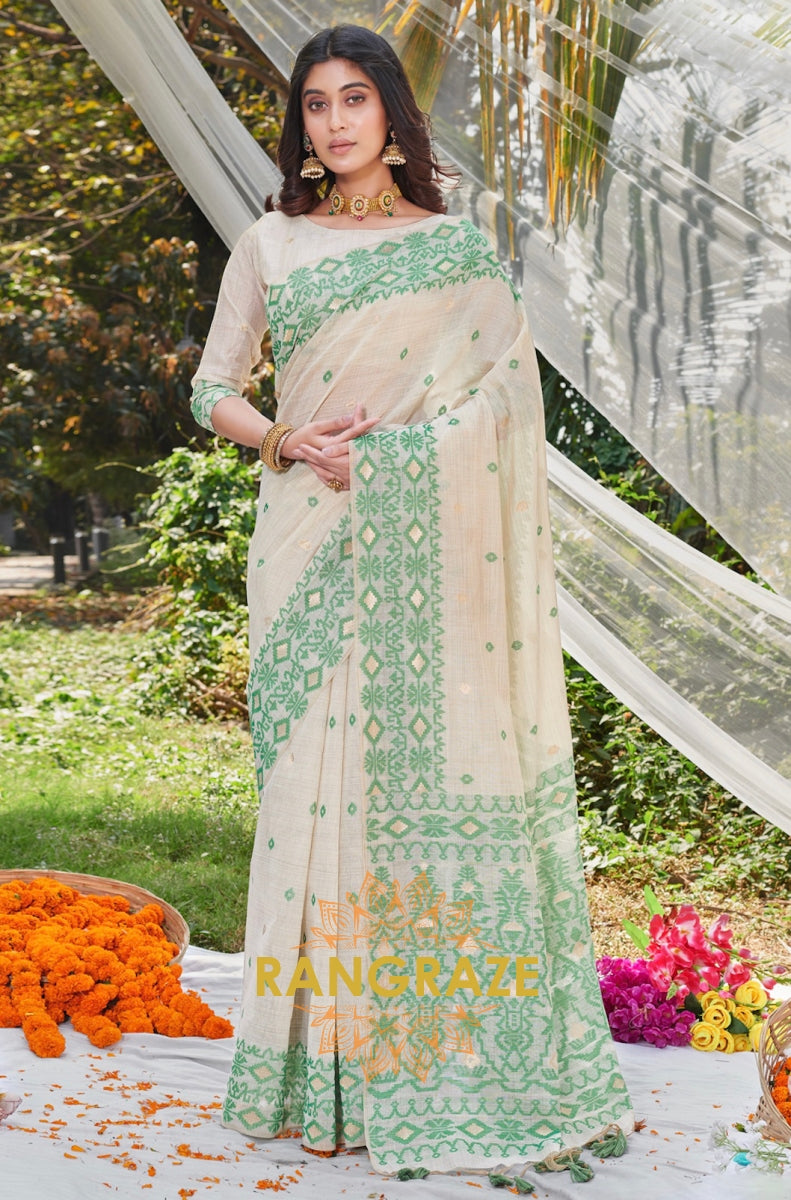 Green White Intricate Work Pure Linen Saree