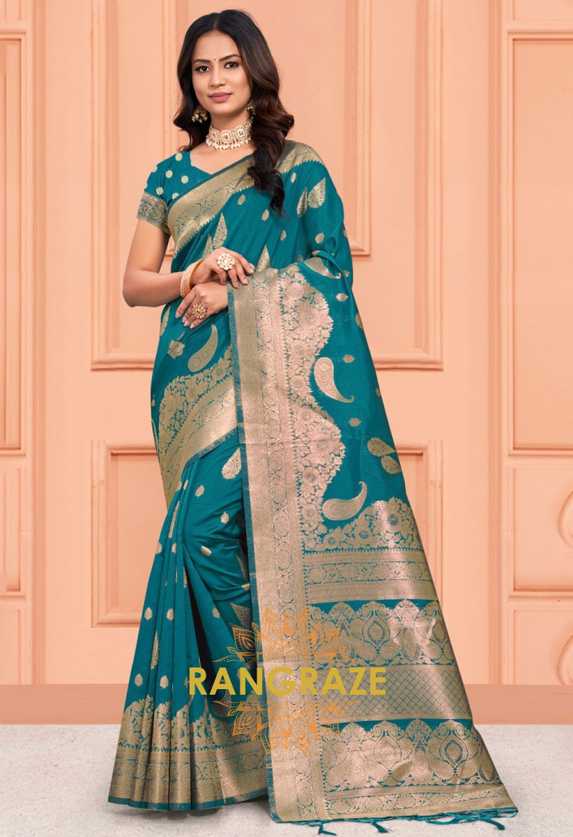 Turquoise Blue Banarasi Silk Saree With Matching Blouse