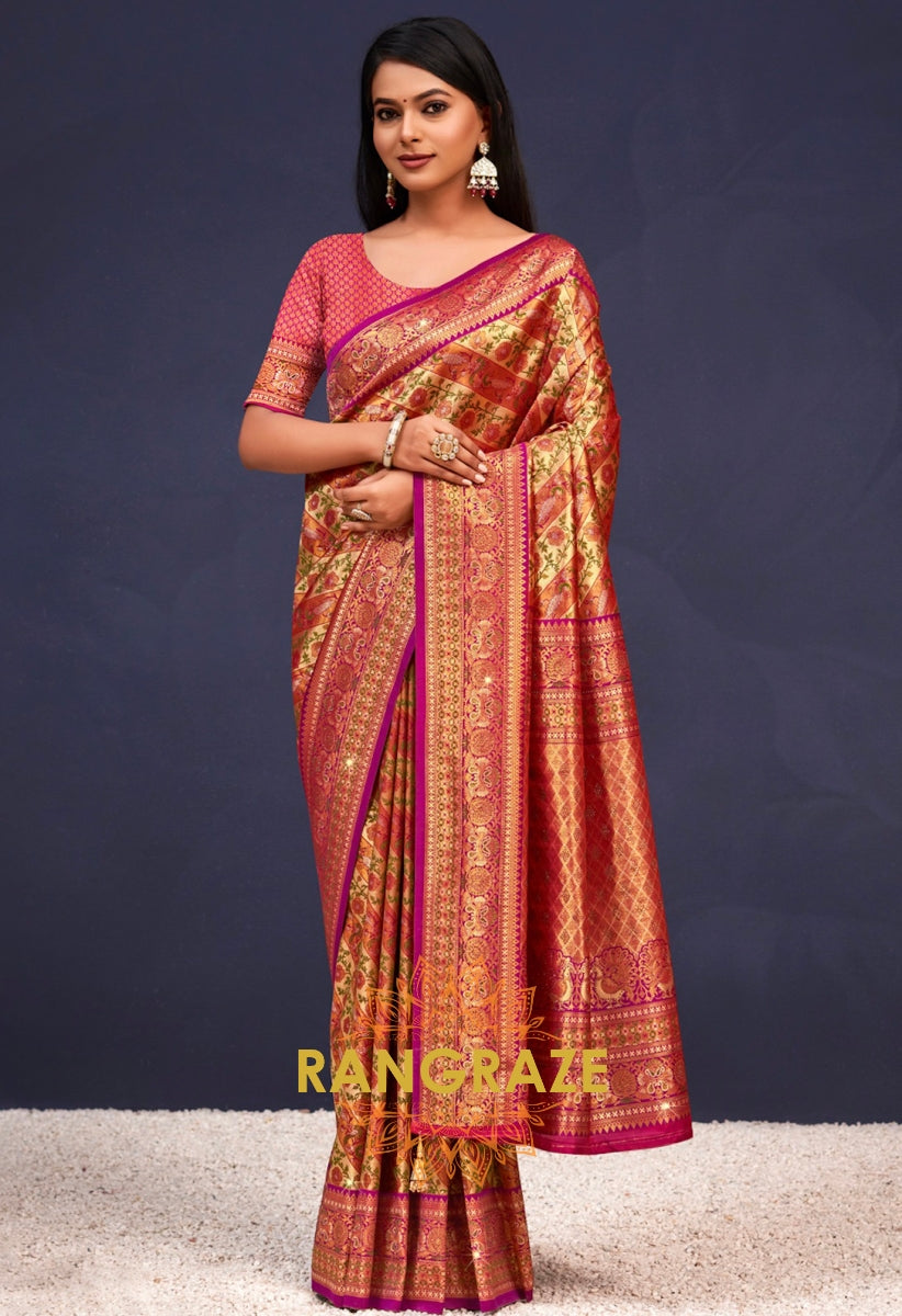 Purple Red Banarasi Silk Saree With Heavy Work