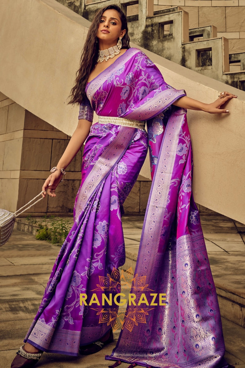 Wine Purple Woven Satin Brasoo Banarasi Silk Saree