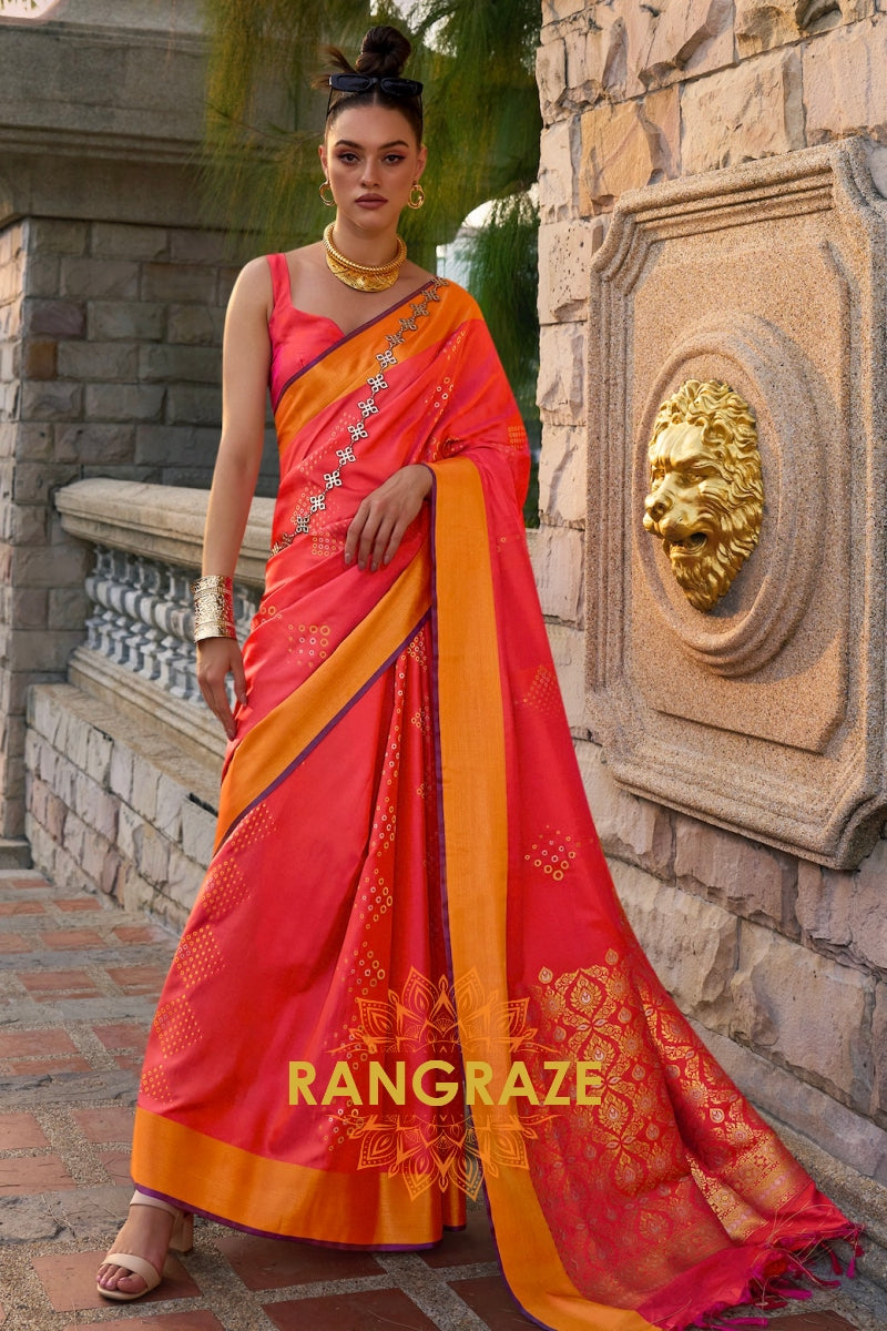 Radiant Coral Peach Woven Banarasi Handloom Silk Wedding Saree