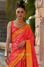 Radiant Coral Peach Woven Banarasi Handloom Silk Wedding Saree
