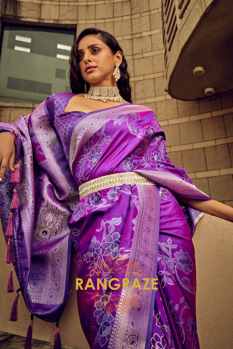 Wine Purple Woven Satin Brasoo Banarasi Silk Saree