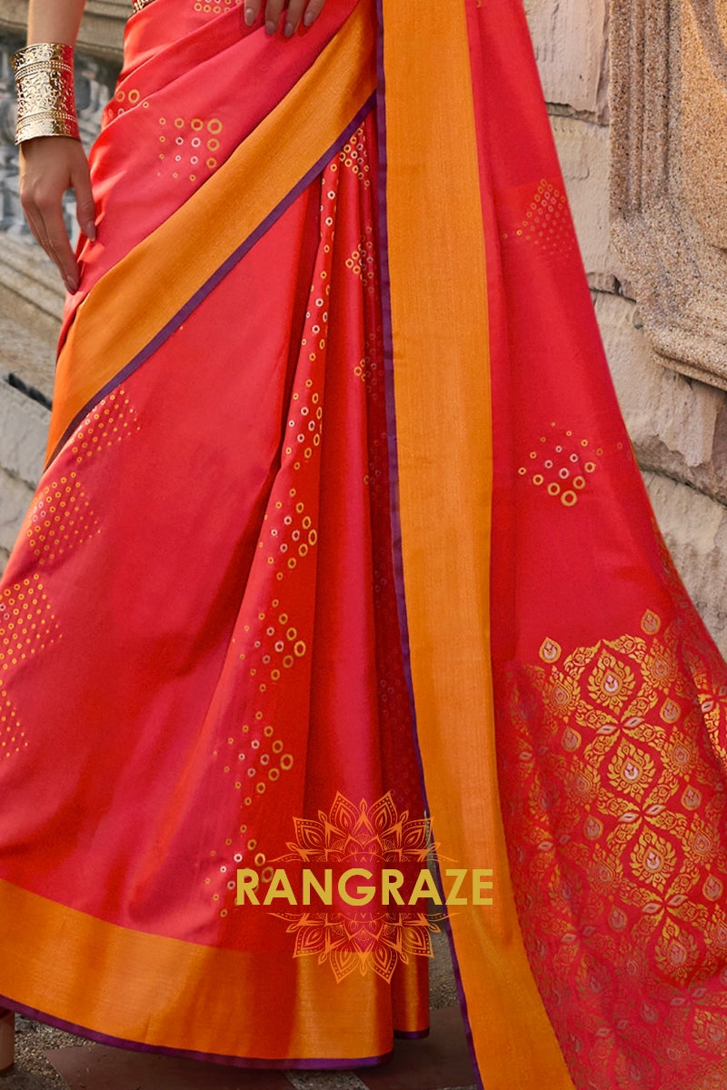 Radiant Coral Peach Woven Banarasi Handloom Silk Wedding Saree