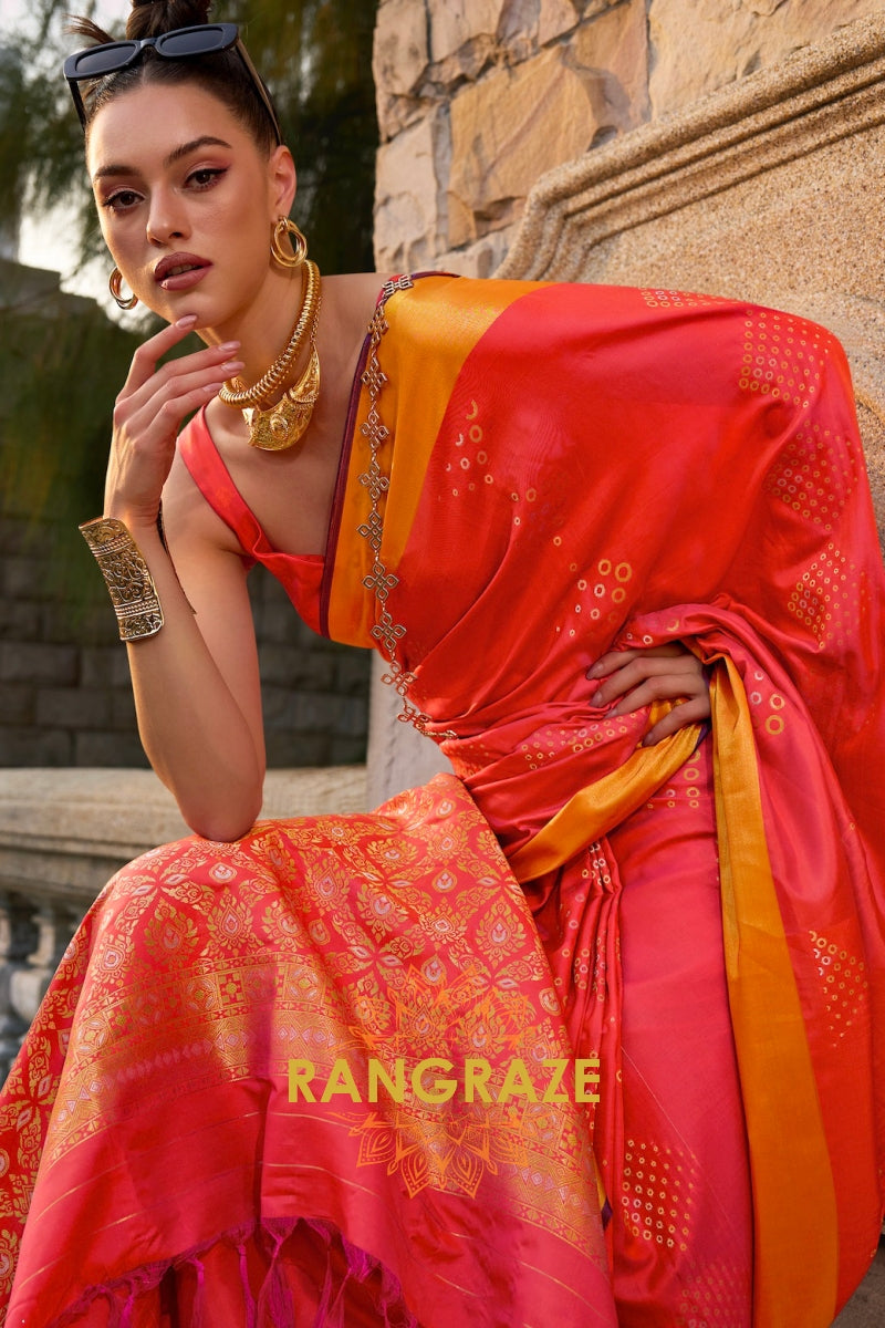 Radiant Coral Peach Woven Banarasi Handloom Silk Wedding Saree