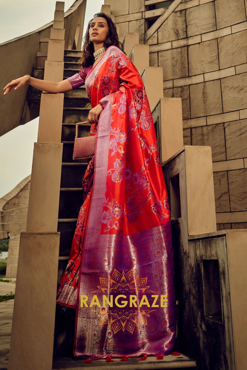 Scarlet Red Woven Satin Brasoo Banarasi Silk Saree