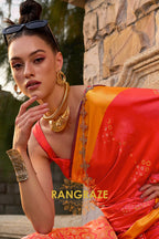 Radiant Coral Peach Woven Banarasi Handloom Silk Wedding Saree