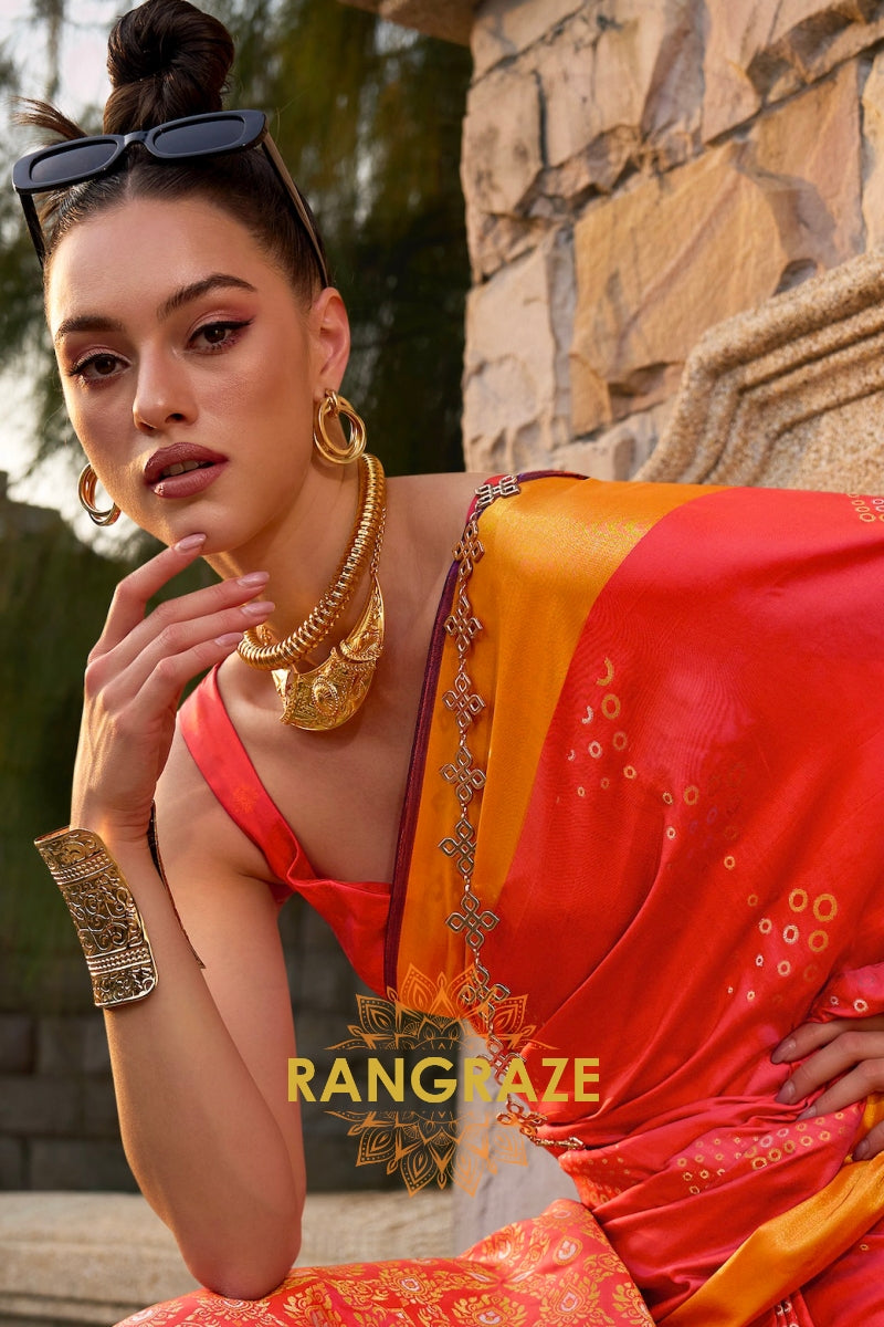 Radiant Coral Peach Woven Banarasi Handloom Silk Wedding Saree