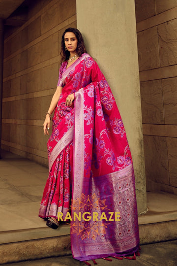 Rose Pink Woven Satin Brasoo Banarasi Silk Saree