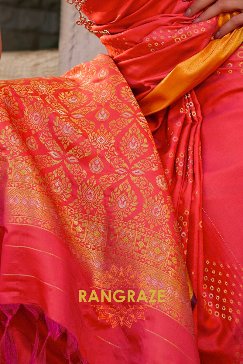 Radiant Coral Peach Woven Banarasi Handloom Silk Wedding Saree