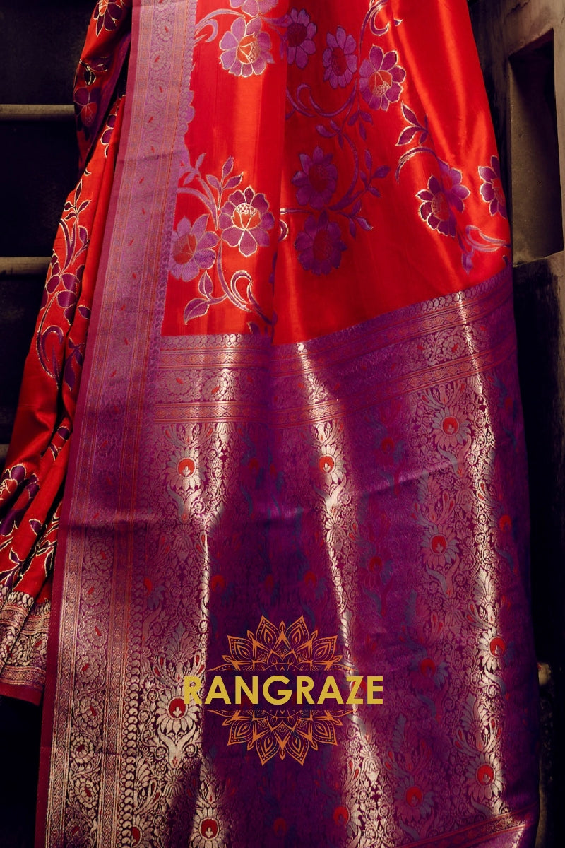 Scarlet Red Woven Satin Brasoo Banarasi Silk Saree
