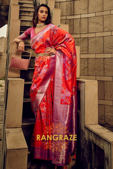 Scarlet Red Woven Satin Brasoo Banarasi Silk Saree