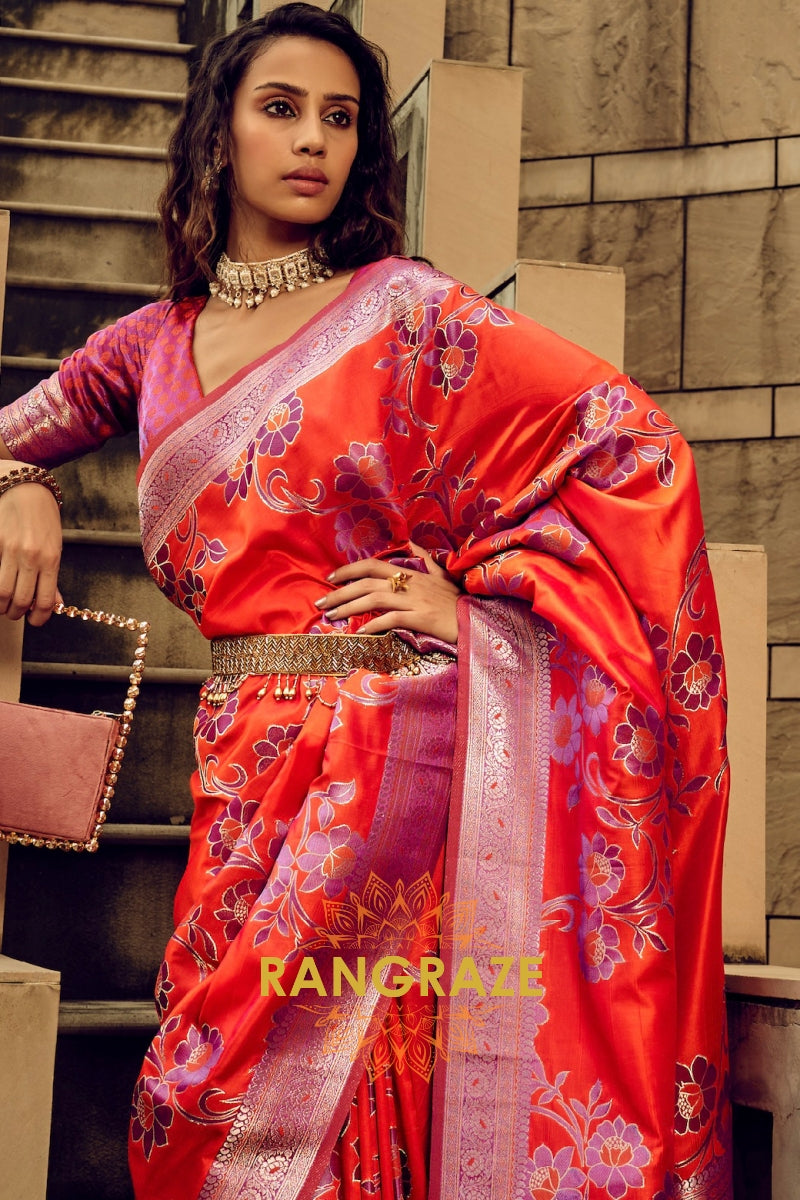 Scarlet Red Woven Satin Brasoo Banarasi Silk Saree