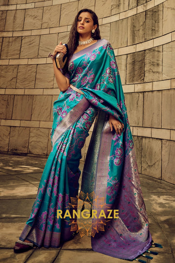 Teal Blue Woven Satin Brasoo Banarasi Silk Saree