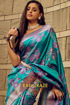 Teal Blue Woven Satin Brasoo Banarasi Silk Saree
