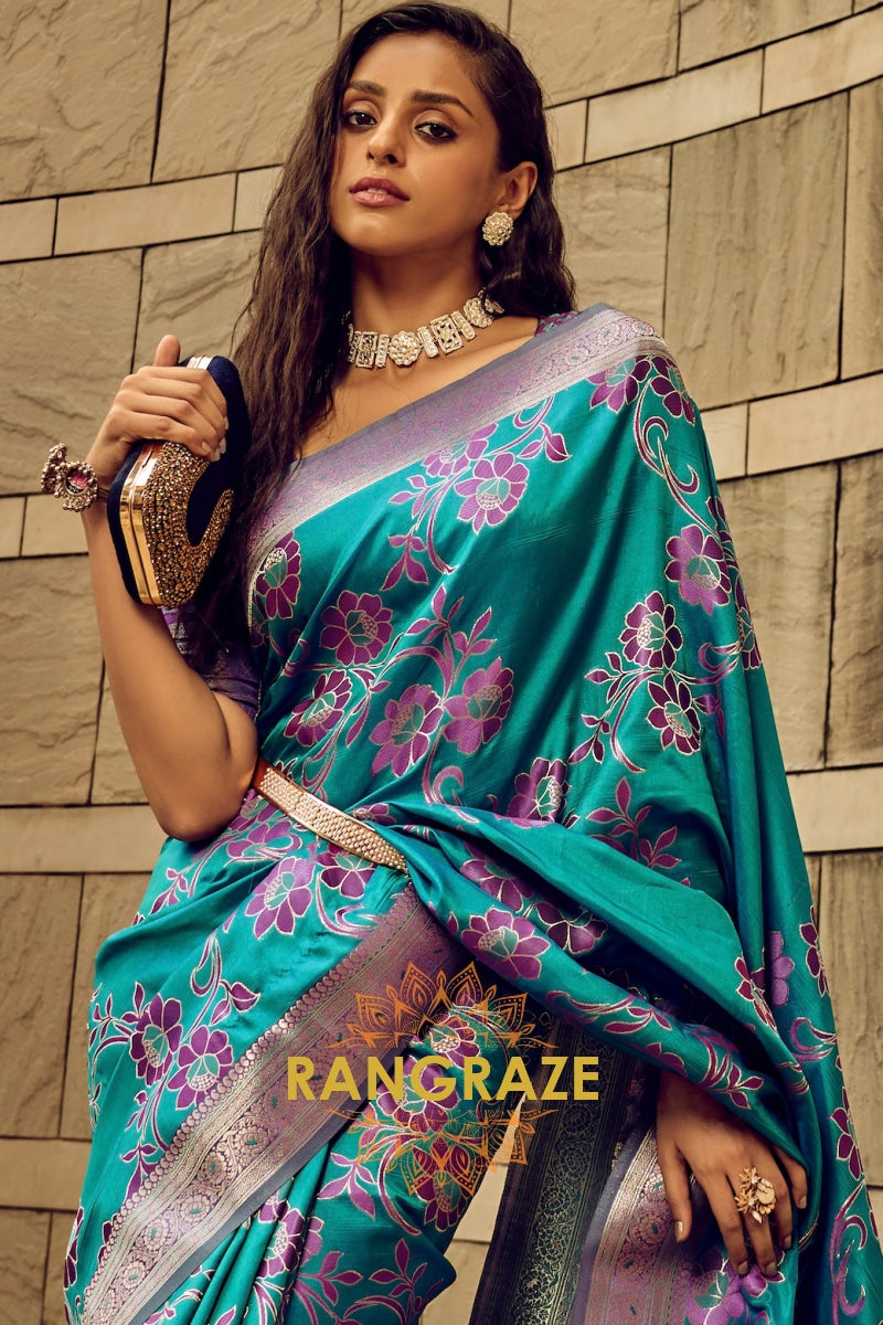 Teal Blue Woven Satin Brasoo Banarasi Silk Saree