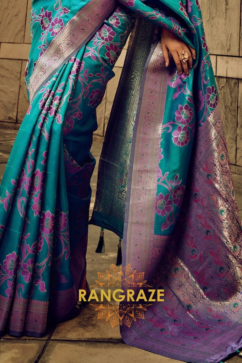 Teal Blue Woven Satin Brasoo Banarasi Silk Saree