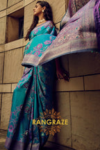 Teal Blue Woven Satin Brasoo Banarasi Silk Saree