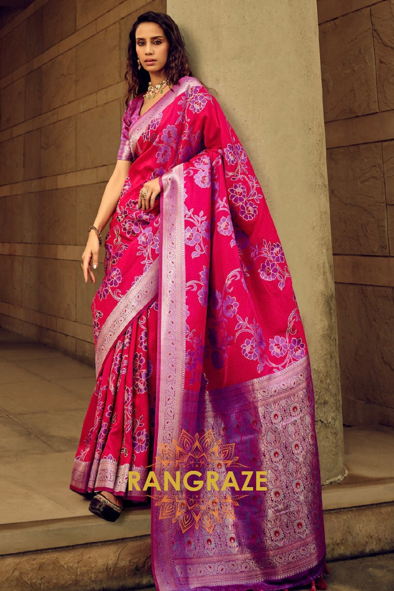 Rose Pink Woven Satin Brasoo Banarasi Silk Saree
