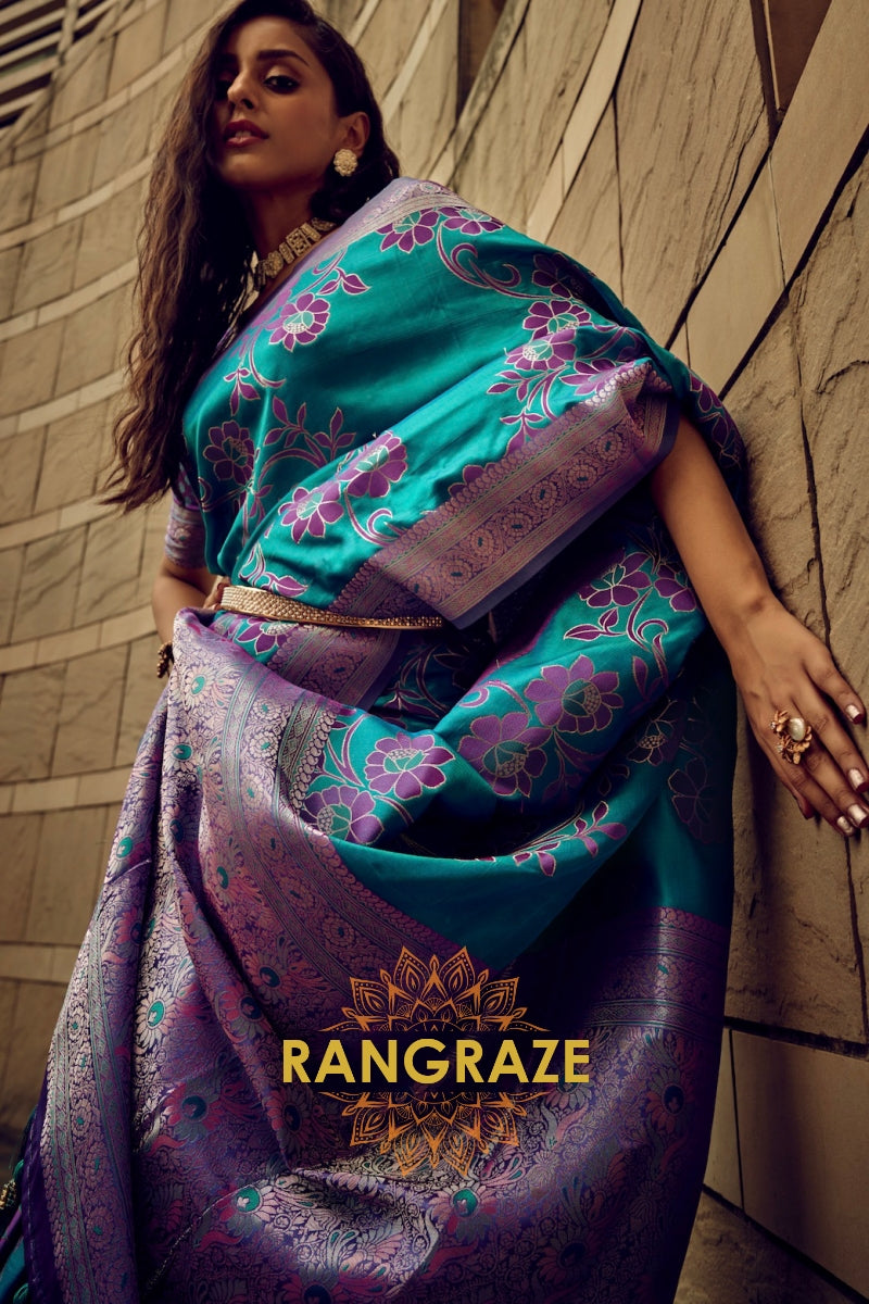 Teal Blue Woven Satin Brasoo Banarasi Silk Saree