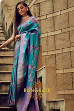 Teal Blue Woven Satin Brasoo Banarasi Silk Saree