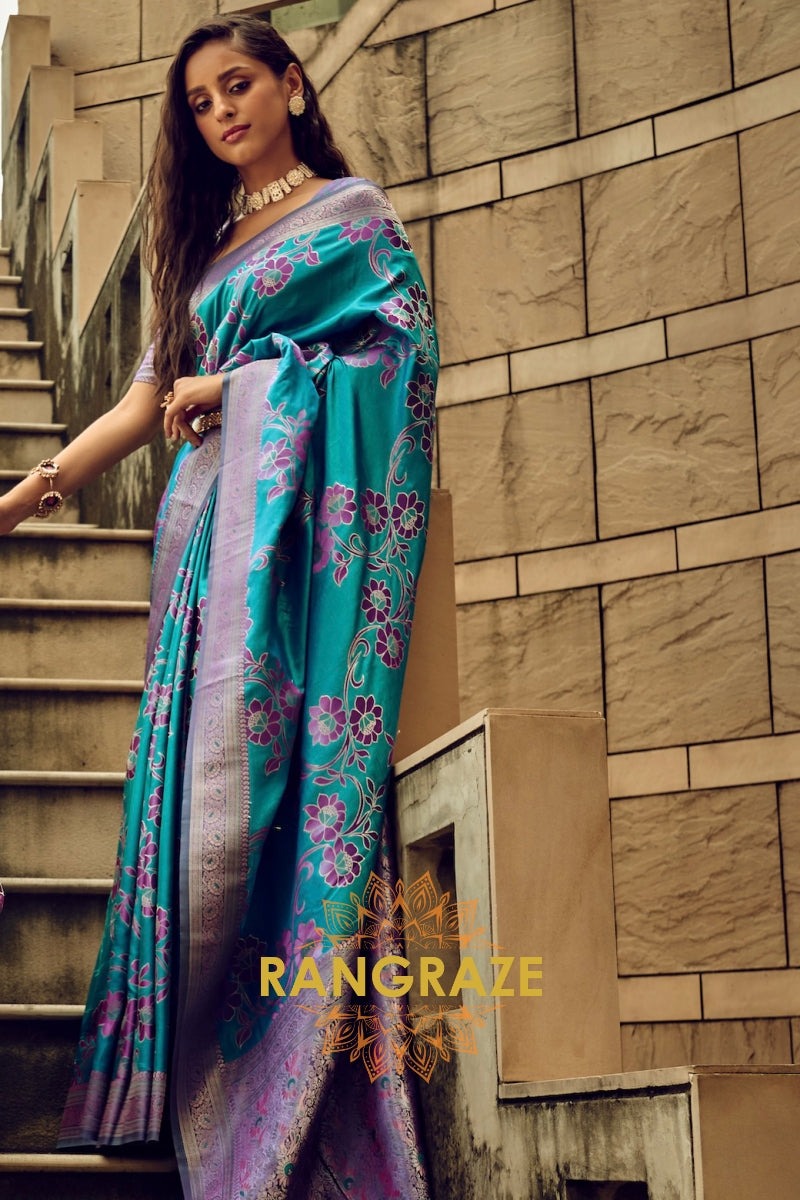 Teal Blue Woven Satin Brasoo Banarasi Silk Saree