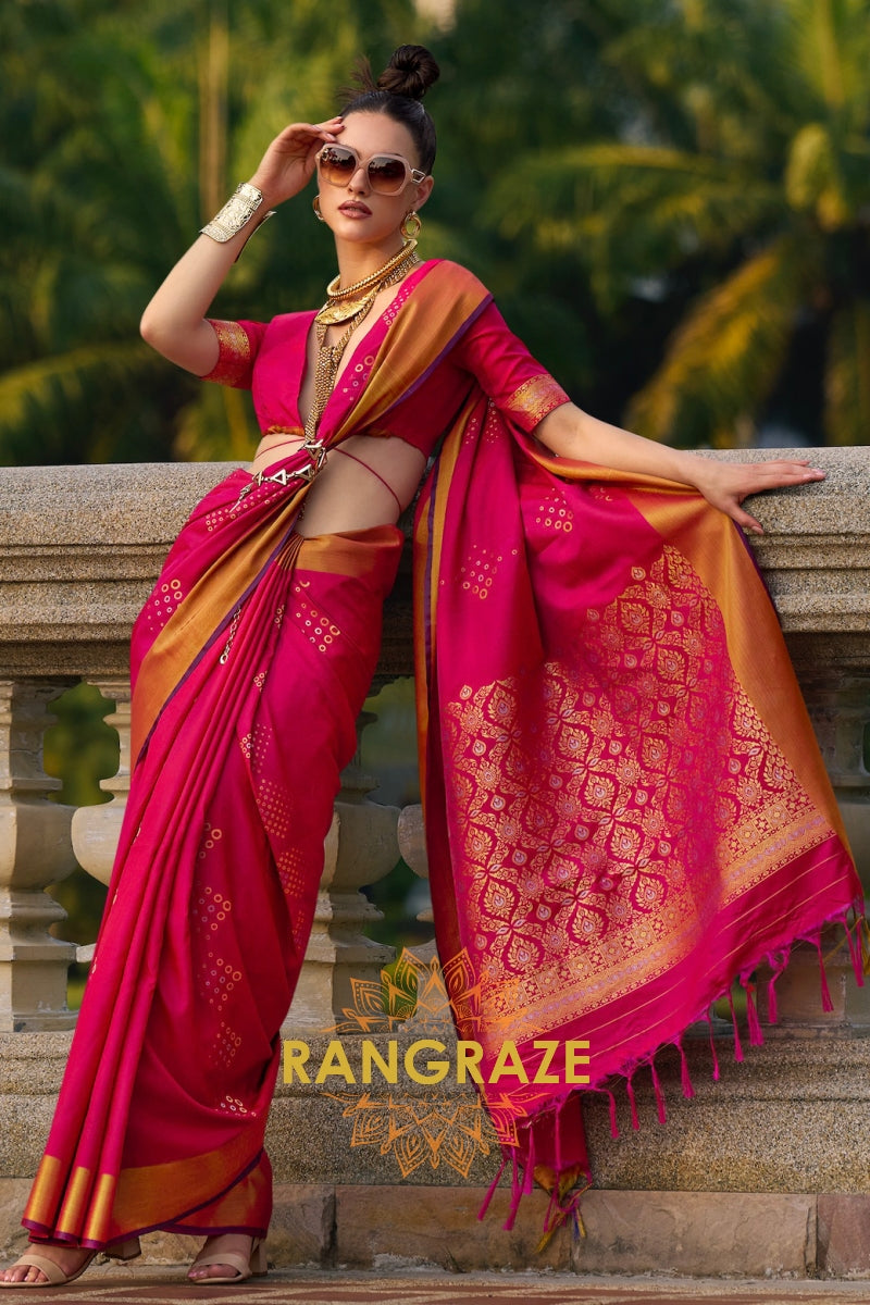 Vibrant Rani Pink Woven Banarasi Handloom Silk Saree