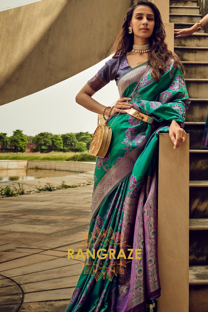 Emerald Green Woven Satin Brasoo Banarasi Silk Saree