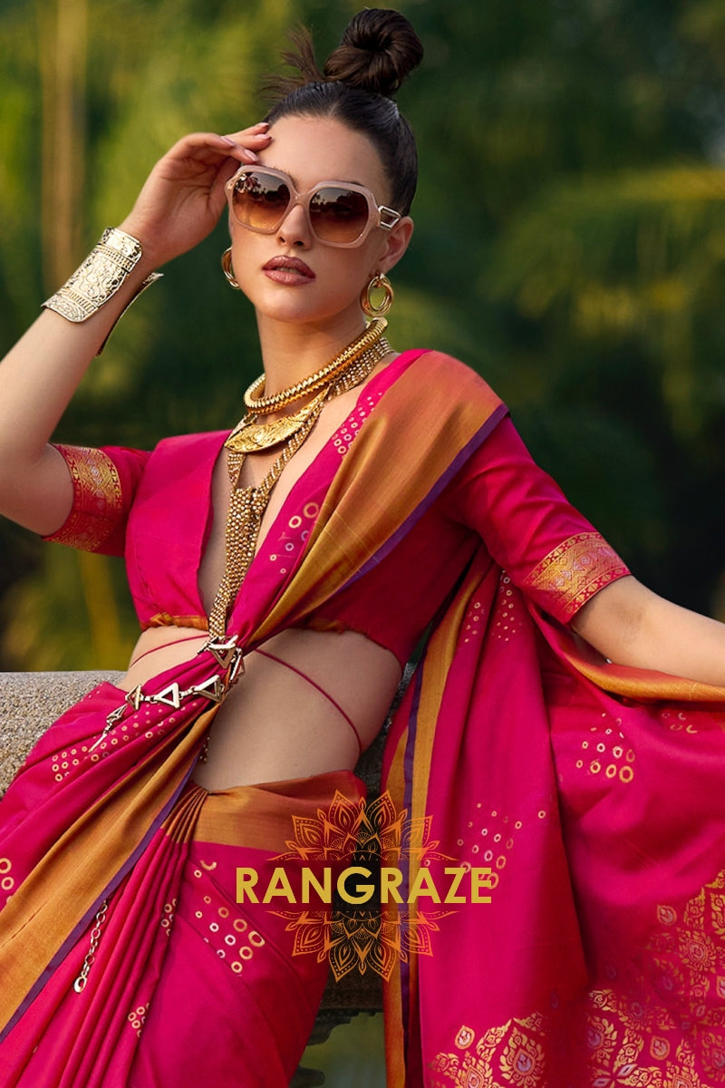 Vibrant Rani Pink Woven Banarasi Handloom Silk Saree
