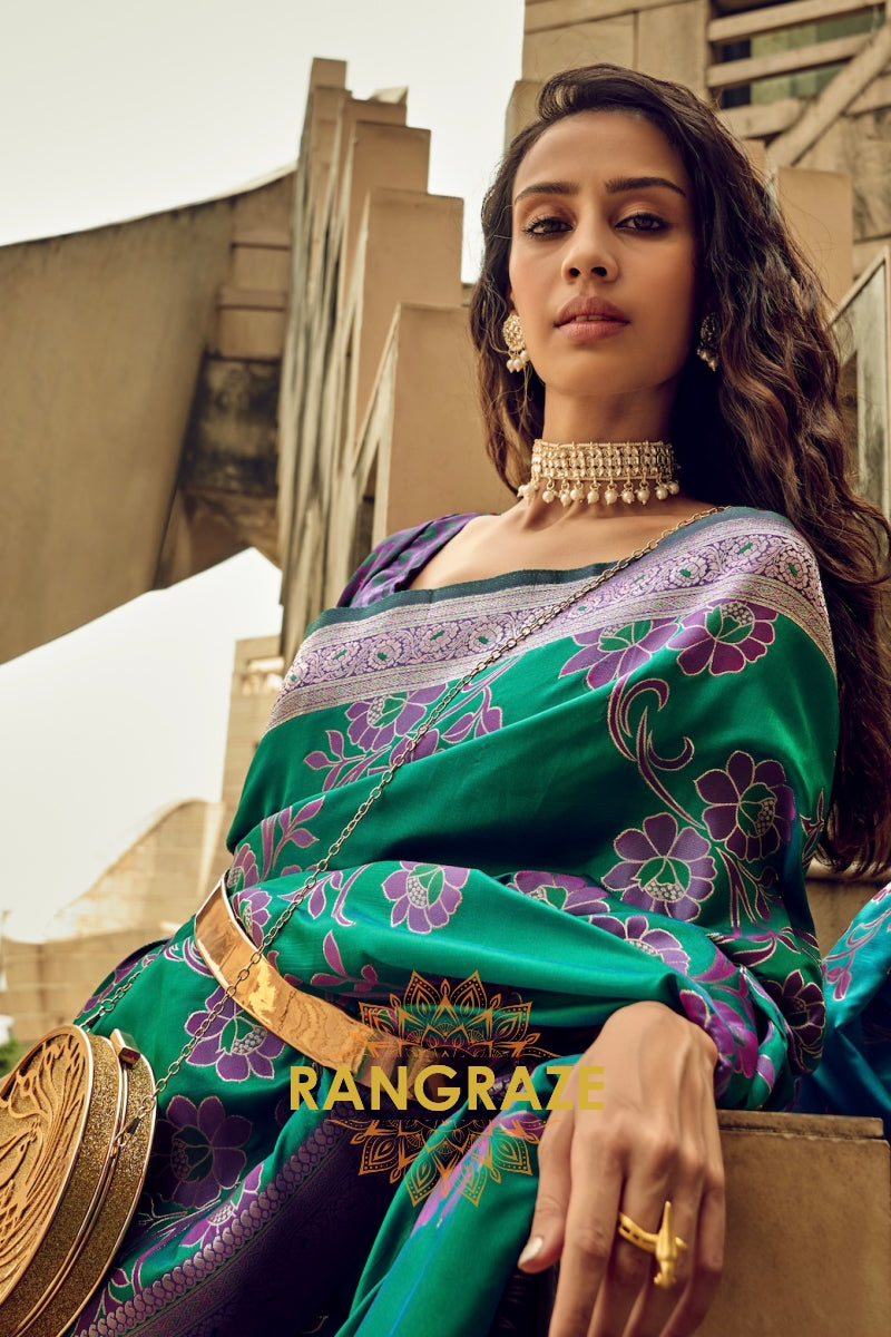 Emerald Green Woven Satin Brasoo Banarasi Silk Saree