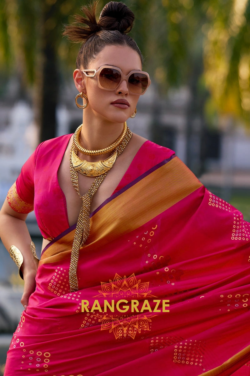 Vibrant Rani Pink Woven Banarasi Handloom Silk Saree