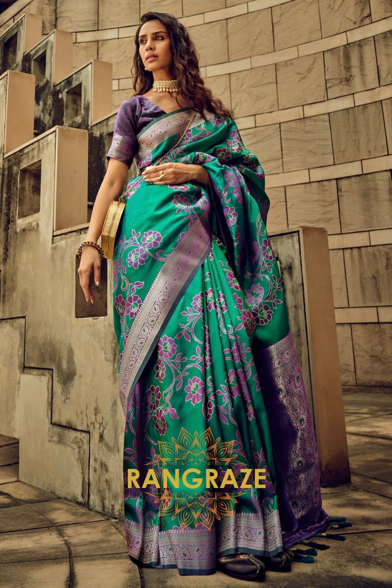 Emerald Green Woven Satin Brasoo Banarasi Silk Saree